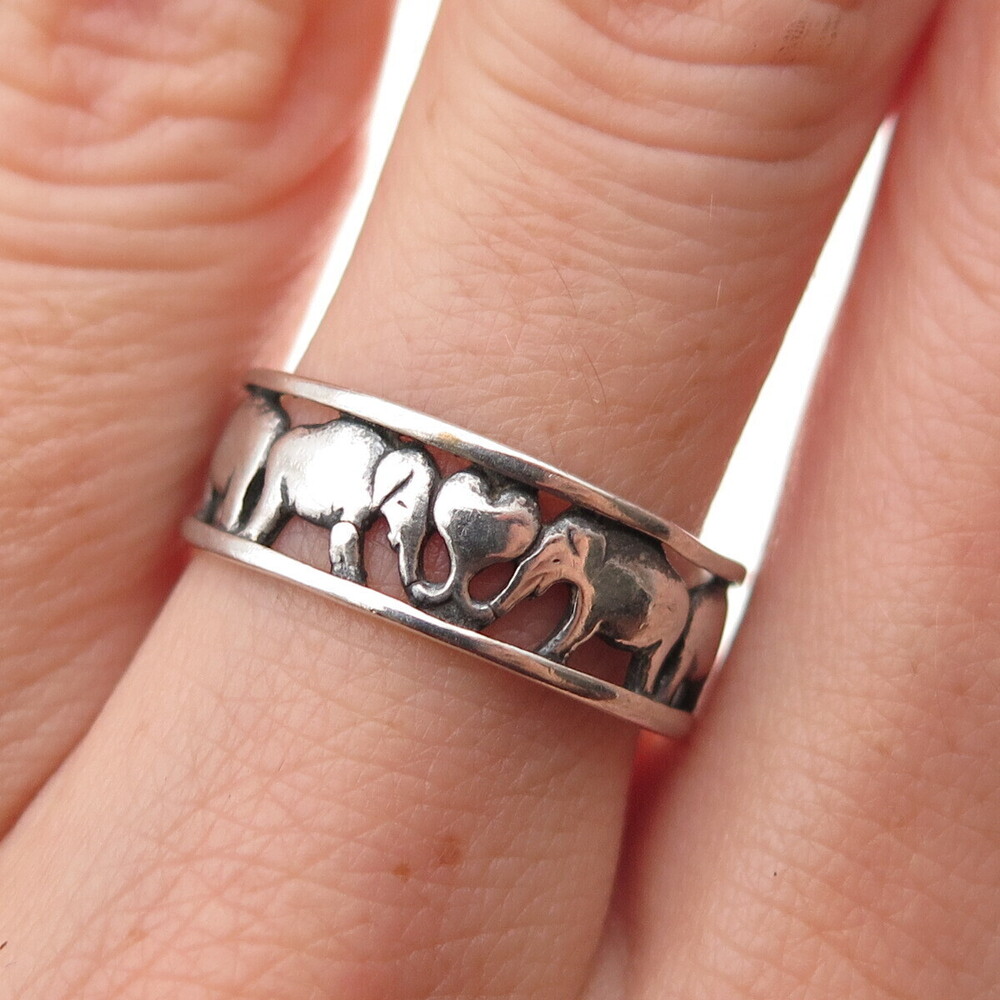 Shube 925 Sterling Silver Vintage Heart Elephant Oxidized Band Ring Size 8.25
